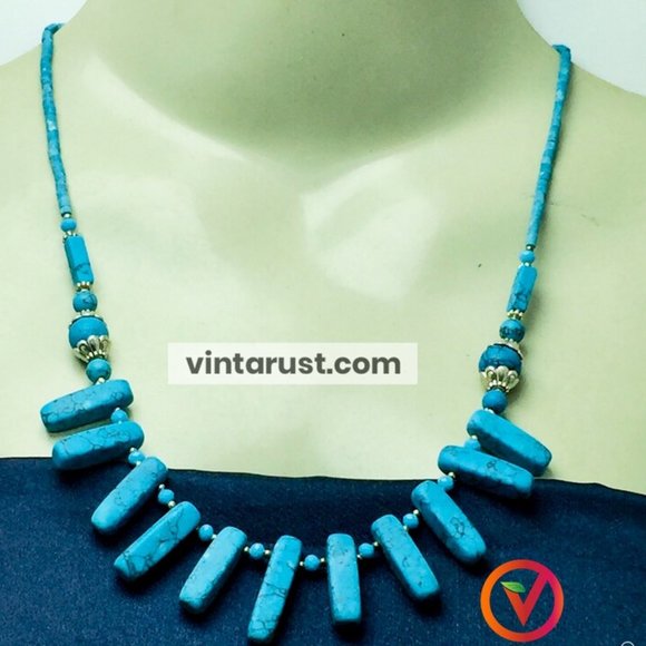 Vintage Turquoise Stone Beaded Choker Necklace - Picture 1 of 7